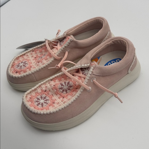 Hey Dude Limited Edition Pale Pink Suede Crochet Shoes - Picture 3 of 6